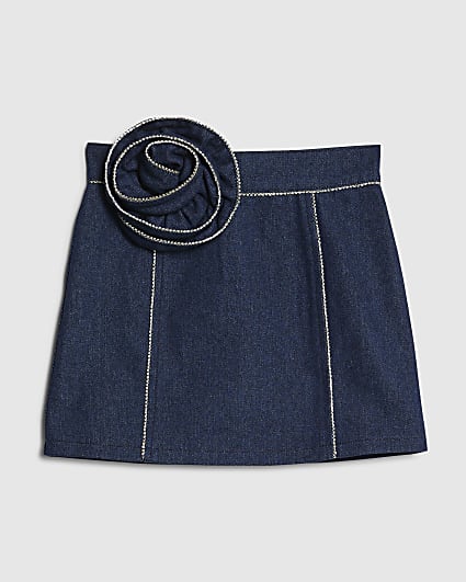 Girls Blue Denim Corsage Diamante Skirt
