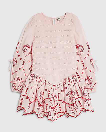 Girls Pink Shirred Long Sleeve Dress