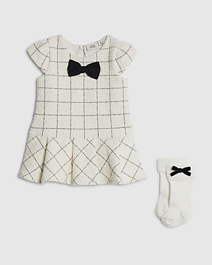 Baby Girls Cream Check Dress and Socks Set