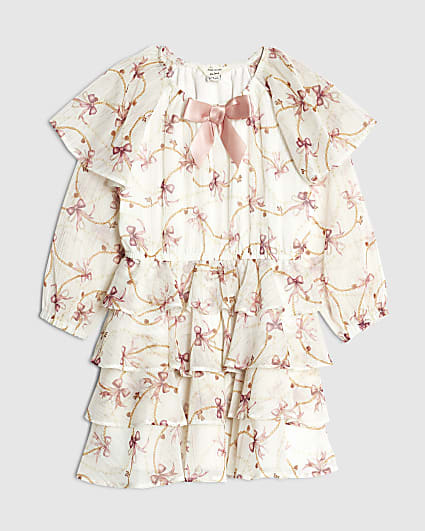 Mini Girls Cream Chiffon Bow Dress