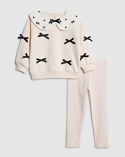 Mini Girls Pink Collared Bow Sweatshirt Set