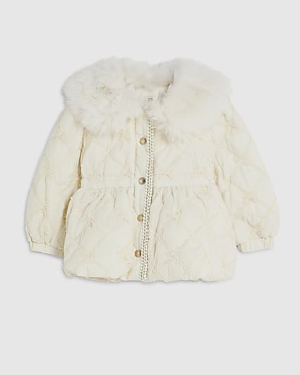 Mini Girls Cream Hooded Bow Padded Coat