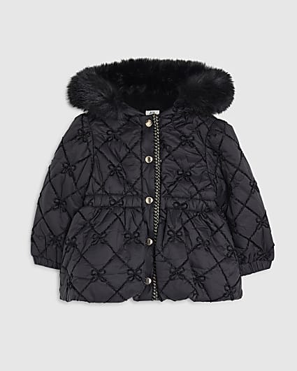 Mini Girls Black Hooded Bow Padded Coat