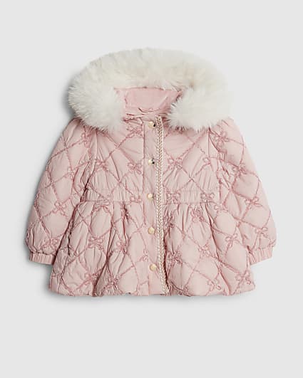 Mini Girls Pink Hooded Bow Padded Coat