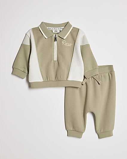 Baby Boys Khaki Colour Blocked Sweatshirt Set