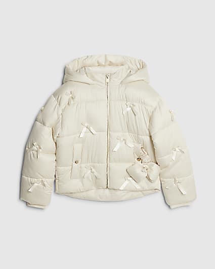 Girls Cream 3D Bow Padded Jacket