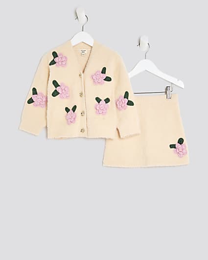 Mini Girls Cream Fluff Flower Cardigan Set