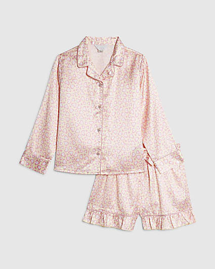 Girls Pink Leopard Satin Pyjamas Set