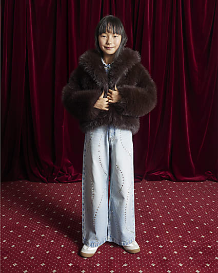 Girls Brown Short Faux Fur Coat