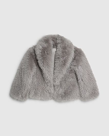 Girls Grey Short Faux Fur Coat