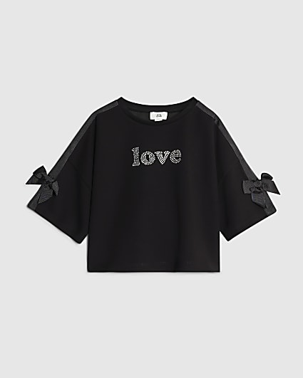Girls Black Diamante Love T-Shirt