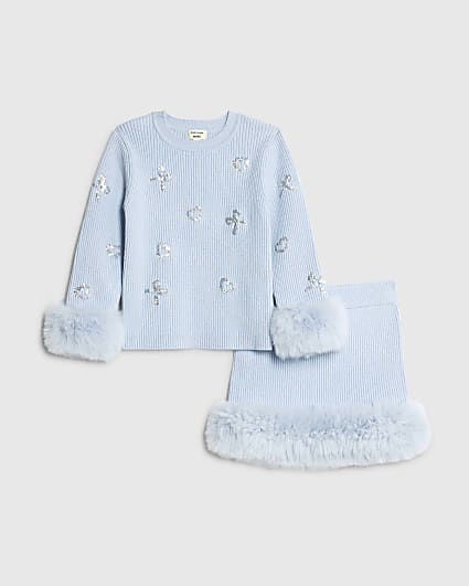 Mini Girls Blue Sequin Fur Sweatshirt Set