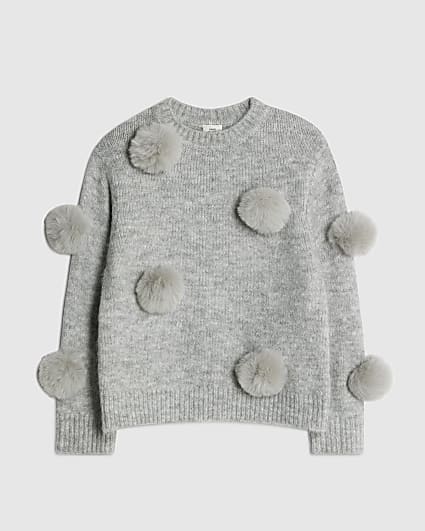 Girls Grey Pom Pom Jumper