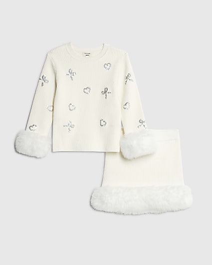 Mini Girls White Sequin Fur Sweatshirt Set