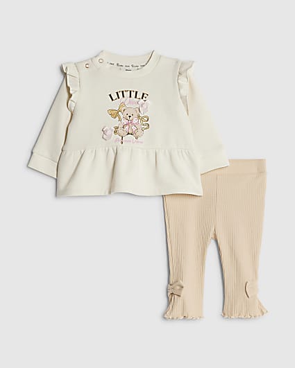Baby Girls Beige Bear Peplum Sweatshirt Set