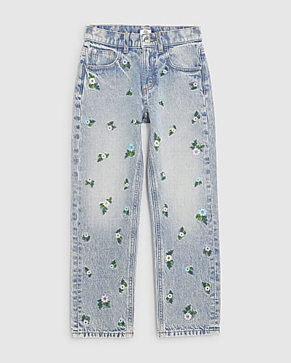 Girls Blue Floral Embroidered Straight Jeans