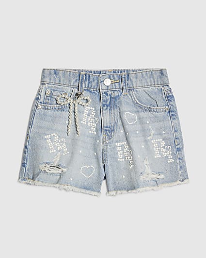 Girls Blue Pearl Denim Shorts