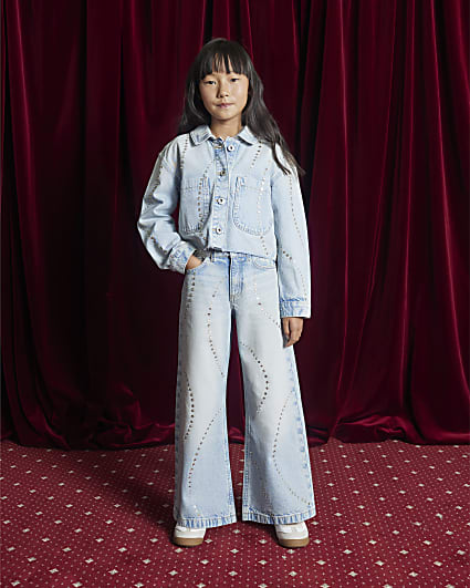 Girls Blue Diamante Wide Leg Jeans