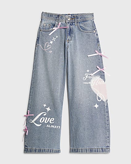 Girls Blue Bow Graffiti Wide Leg Jeans
