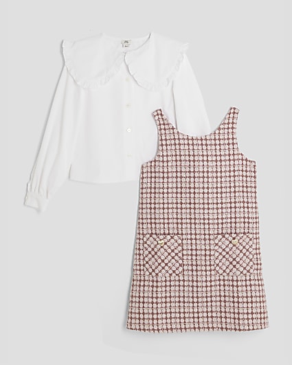 Girls Pink Boucle Pinafore Dress Set