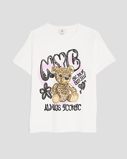 Girls White NYC Graffiti Bear T-Shirt