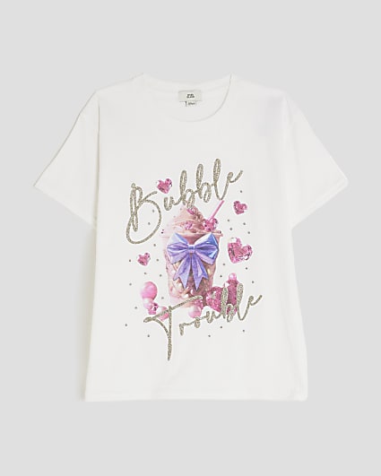 Girls White Bow Bubble T-Shirt