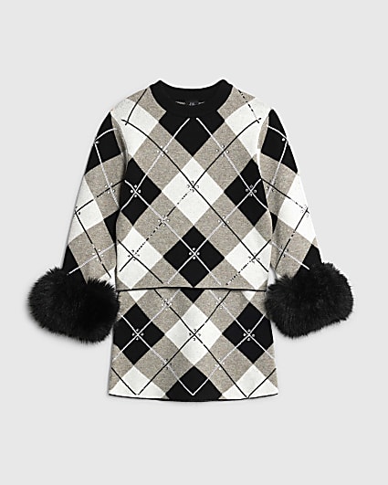 Girls Black Embellished Argyle Jumper Set