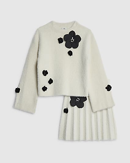 Girls Cream Fluffy Flower Skirt Set