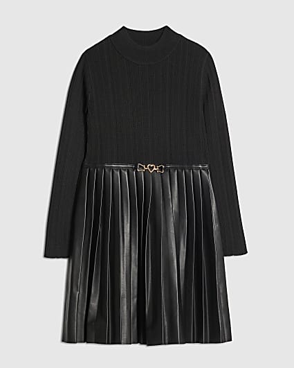 Girls Black Faux Leather Pleated Dress