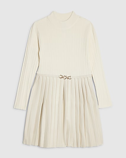 Girls Cream Faux Leather Pleated Dress
