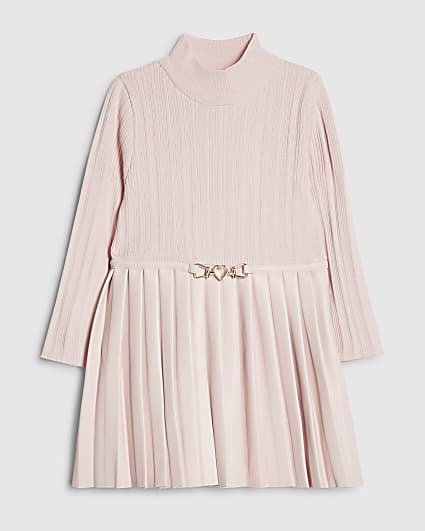 Mini Girls Pink Faux Leather Pleated Dress