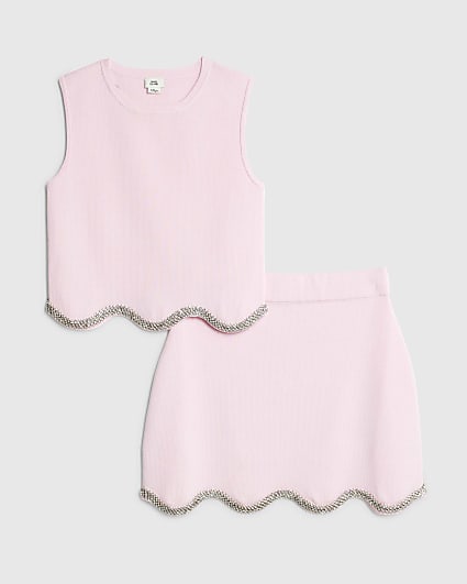Girls Pink Scallop Trim Skirt Set