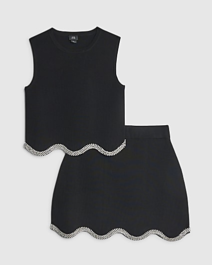 Girls Black Scallop Trim Skirt Set