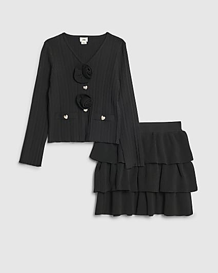 Girls Black Corsage Cardigan Set