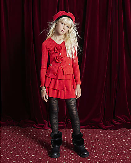Girls Red Corsage Cardigan Set