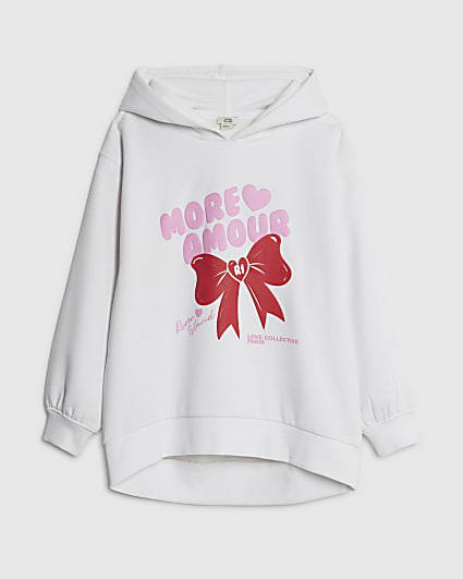 Girls White Longline Hooded RI Bow Sweatshirt