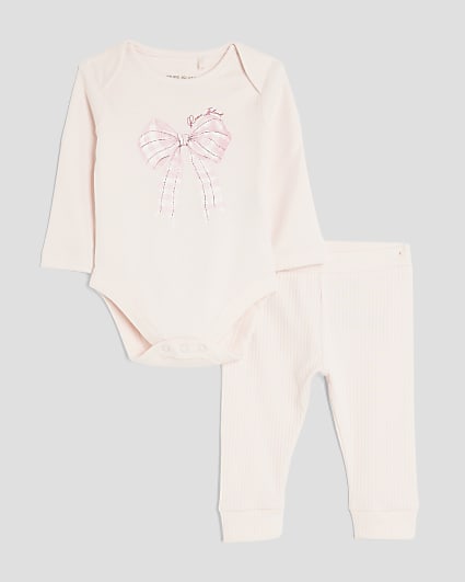 Baby Girls Pink Long Sleeve Bow Bodysuit Set