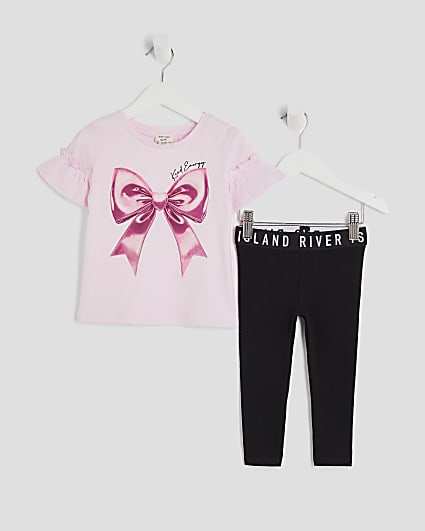 Mini Girls Pink Frill Sleeve Bow T-Shirt Set