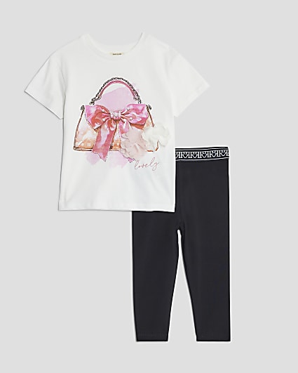 Mini Girls White Handbag Graphic T-Shirt Set