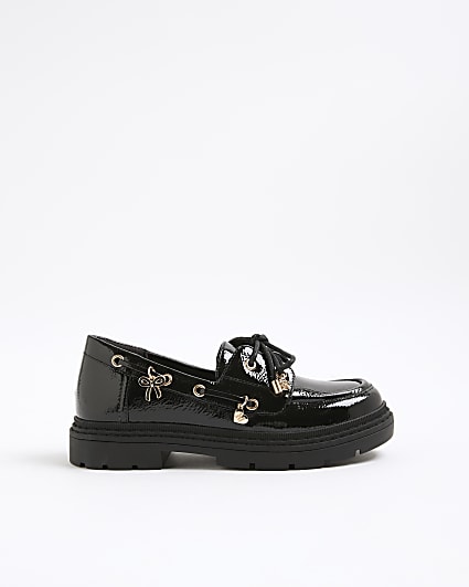 Girls Black Lace Up Charm Boat Shoes
