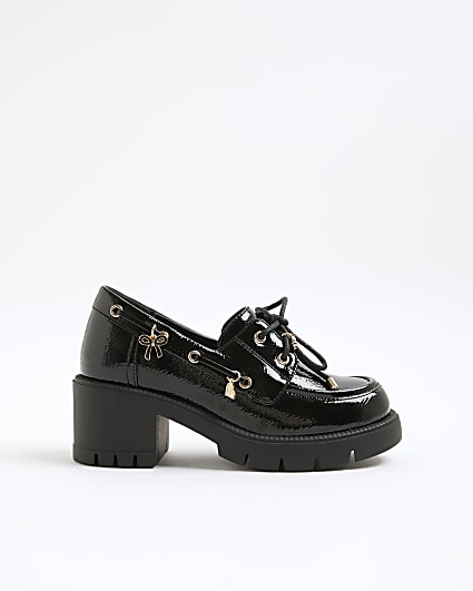 Girls Black Lace Up Heeled Charm Boat Shoes