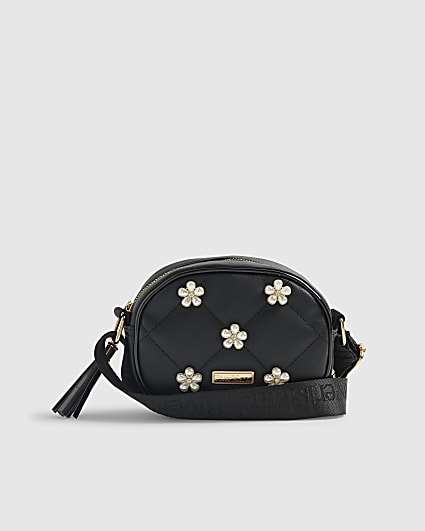 Girls Black Pearl Floral Curve Cross Body Bag