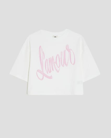Girls White L'amour Ribbon Crop Top