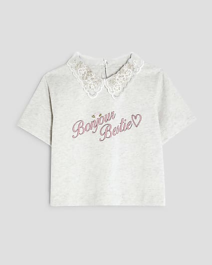 Girls Grey Embellished Collar T-Shirt