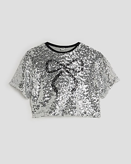 Girls Silver Sequin Bow Cropped Top