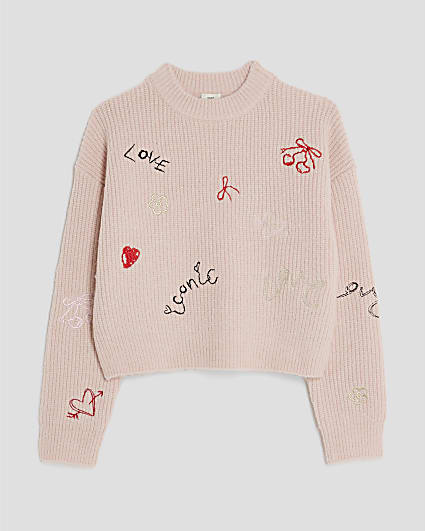 Girls Pink Knitted Doodle Jumper