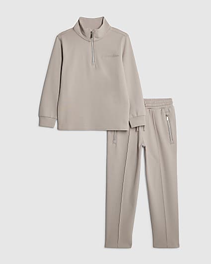 Boys Beige Zip Funnel Neck Top Set