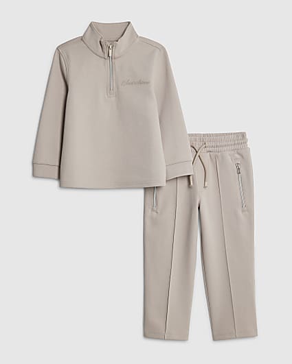 Mini Boys Beige Zip Funnel Neck Top Set