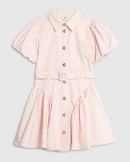 Girls Pink Puff Sleeve Shirt Dress