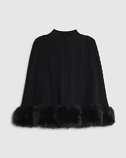 Girls Black Knitted Fur Trim Cape
